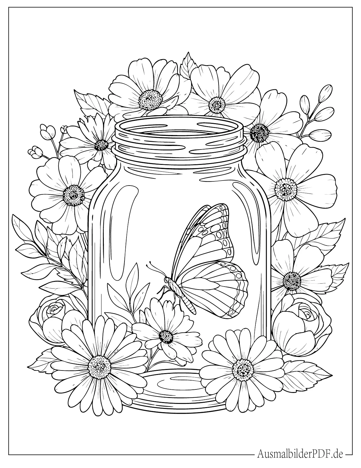 Ausmalbild von detailliertem Schmetterling in einem Glas mit Blumen
