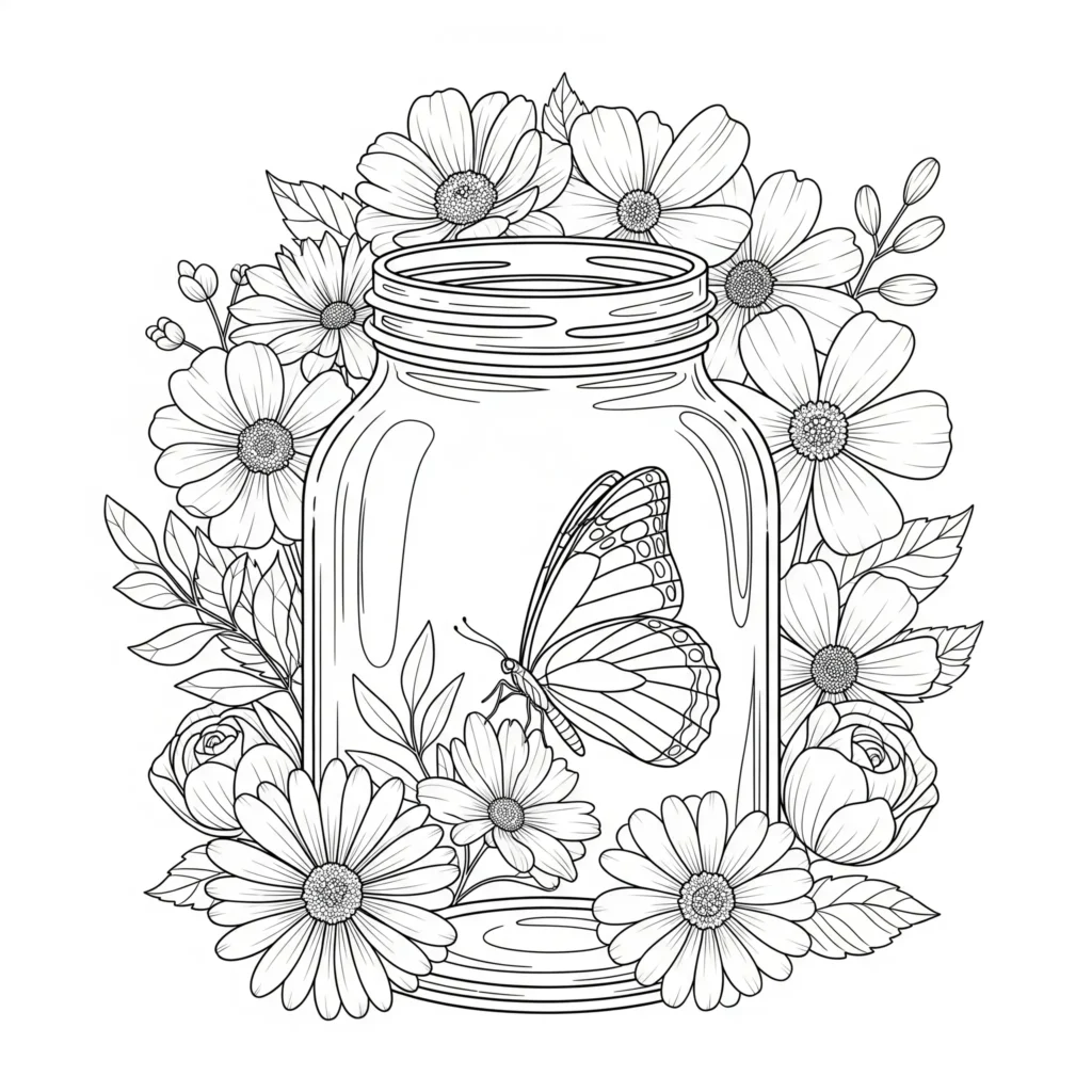 30+ Schmetterling Ausmalbilder (Gratis Malvorlage zum drucken) Ein Schmetterling sitzt in einem Glas – eine kreative Malvorlage zum Ausdrucken für Kinder, die gerne fantasievolle Bilder ausmalen.