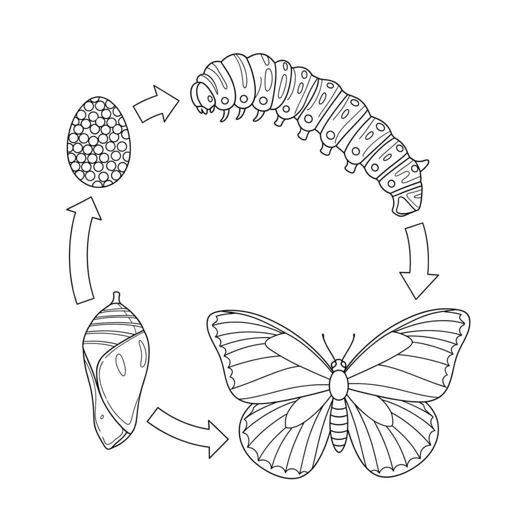 30+ Schmetterling Ausmalbilder (Gratis Malvorlage zum drucken) Eine kindgerechte Darstellung des Schmetterlings-Lebenszyklus von Ei bis ausgewachsenem Schmetterling zum Ausmalen und Lernen.
