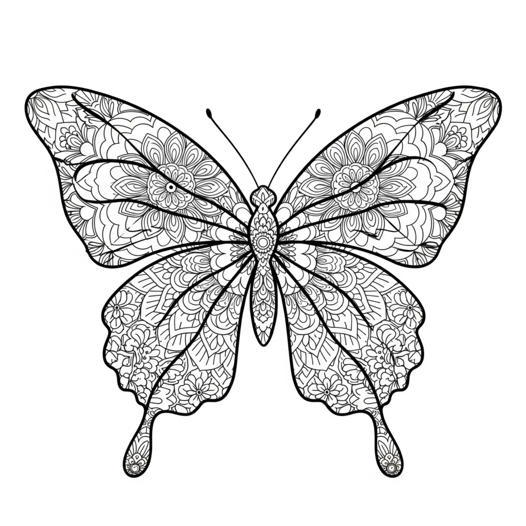30+ Schmetterling Ausmalbilder (Gratis Malvorlage zum drucken) Ein detailliertes Mandala mit Schmetterlingsmotiven, ideal als Ausmalbild für Kinder und Erwachsene zum Entspannen und Ausmalen.