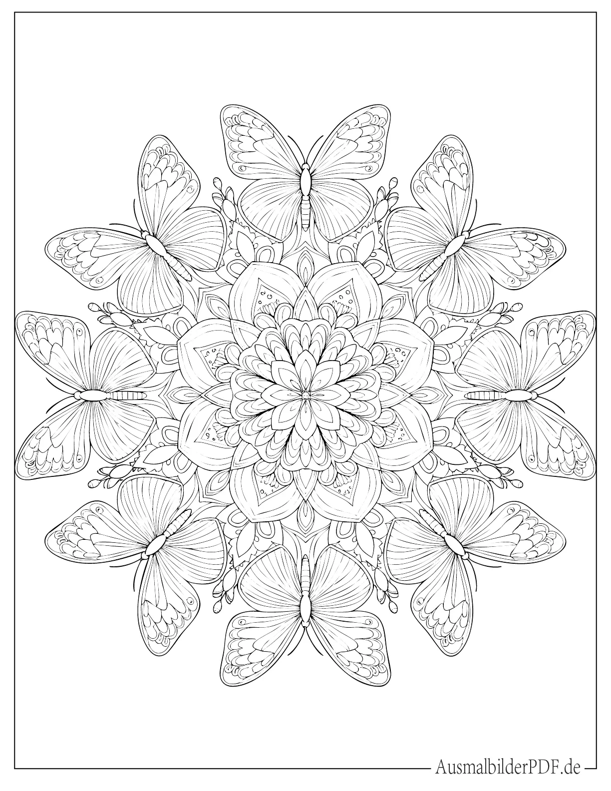 Viele Schmetterlinge in einem Mandala zum Ausmalen