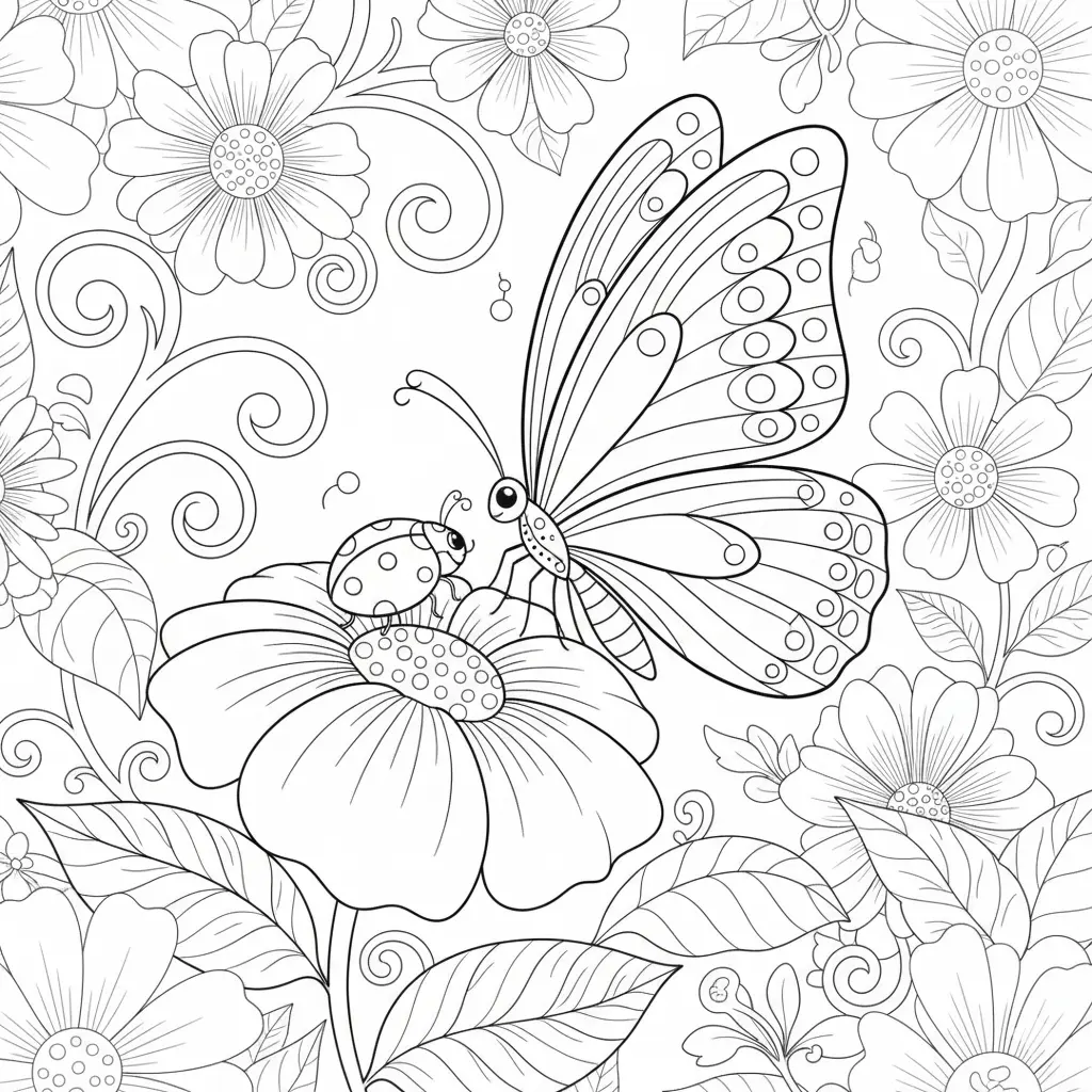 30+ Schmetterling Ausmalbilder (Gratis Malvorlage zum drucken) Ein Schmetterling sitzt neben einem kleinen Marienkäfer auf einer Blume, umgeben von Blättern. Eine süße Szene zum farbenfrohen Ausmalen.