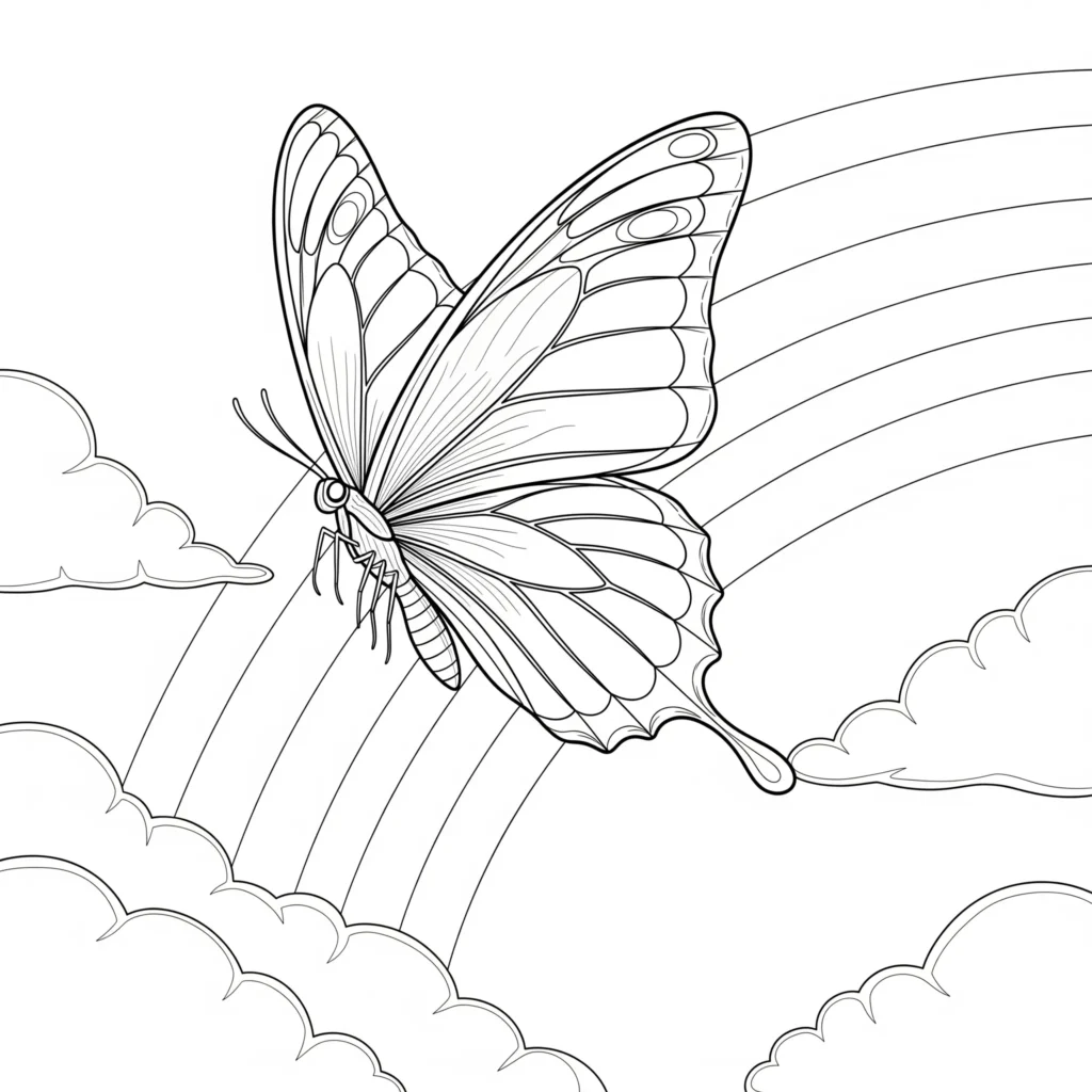 30+ Schmetterling Ausmalbilder (Gratis Malvorlage zum drucken) Ein fröhlicher Schmetterling fliegt über einen leuchtenden Regenbogen – eine kreative Ausmalvorlage für Kinder zum Ausdrucken.