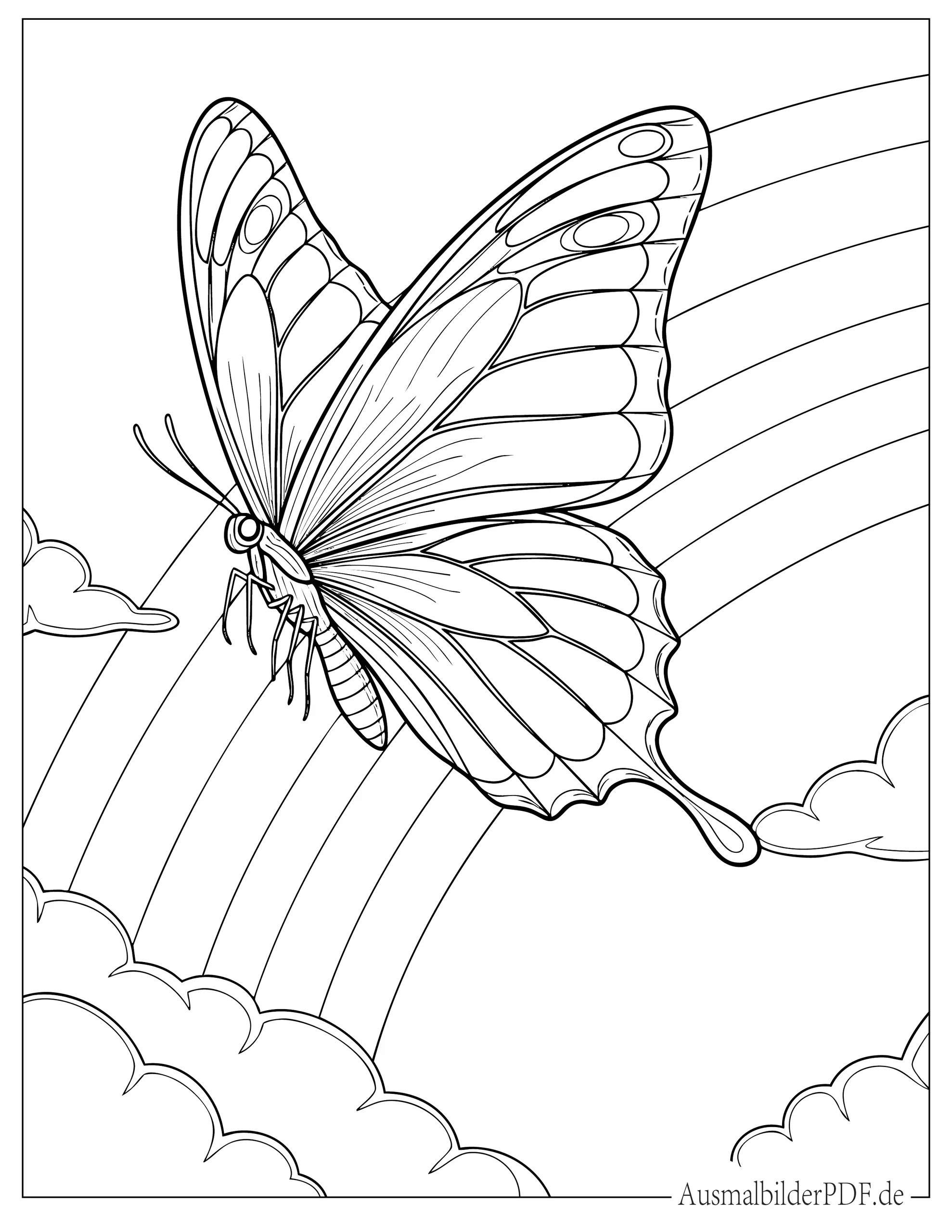 Schmetterling fliegt nahe Regenbogen Malbild zum Ausmalen