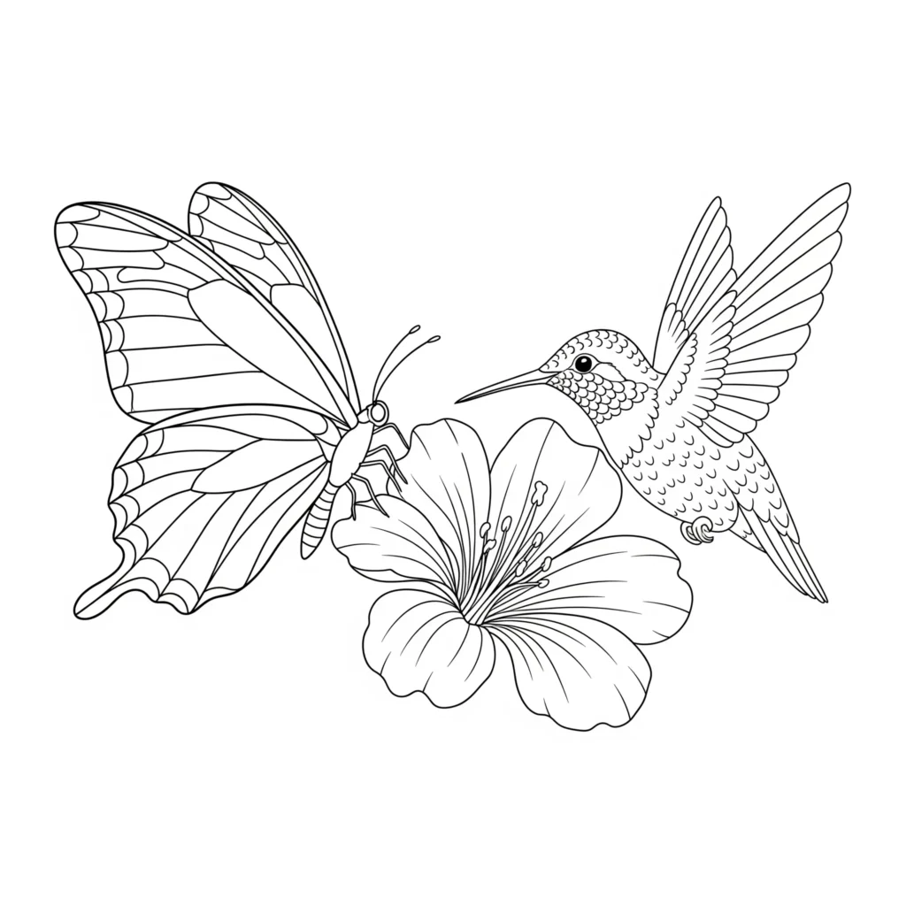 30+ Schmetterling Ausmalbilder (Gratis Malvorlage zum drucken) Ein Schmetterling und ein Kolibri fliegen zusammen in einer blühenden Landschaft – eine schöne Ausmalvorlage für Kinder.