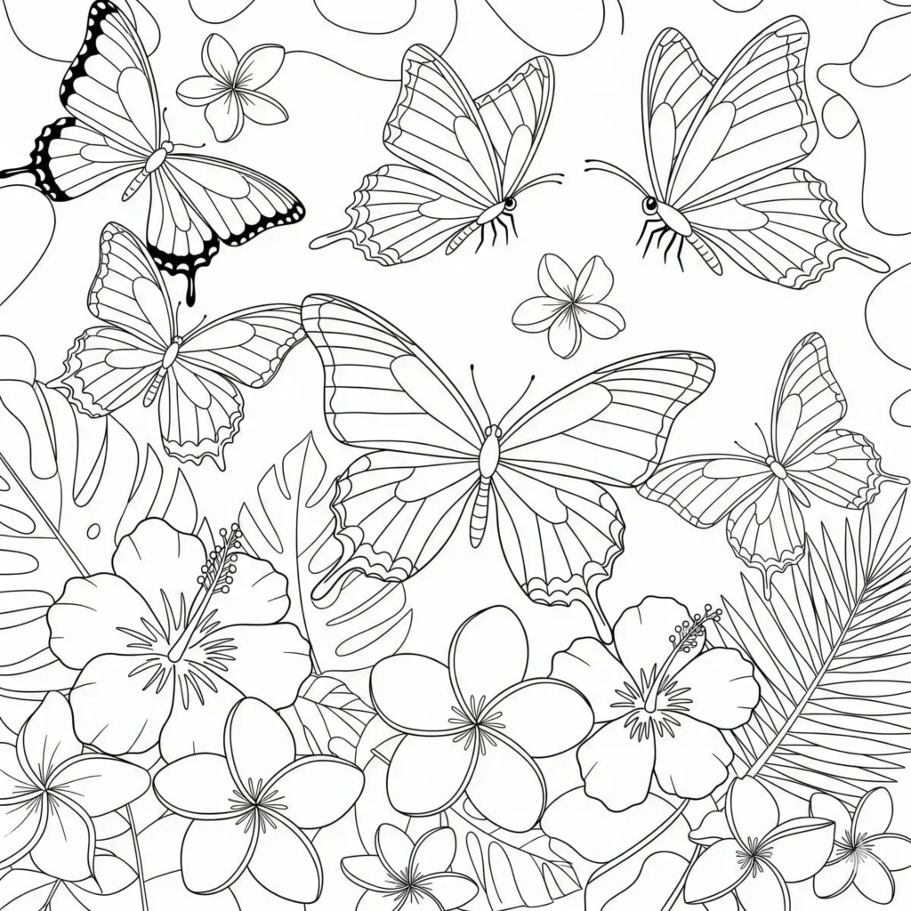 20 Dschungel Ausmalbilder (Gratis Malvorlage zum Ausdrucken) Malvorlage mit bunten Schmetterlingen und tropischen Blumen im Dschungel, geeignet zum kostenlosen Ausdrucken für Kinder und Erwachsene