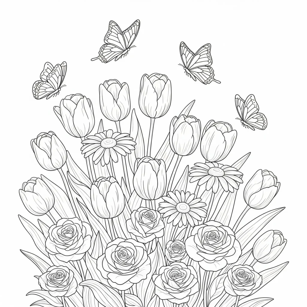 30+ Blumen Ausmalbilder (Gratis Malvorlage zum Ausdrucken) Ausmalbild mit fliegenden Schmetterlingen über einem Blumengarten als PDF zum Ausdrucken für Kinder und Erwachsene