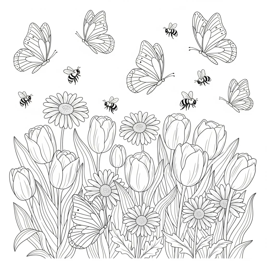 Ausmalbild zeigt Schmetterlinge, die durch einen bunten Blumengarten fliegen, ideal zum Ausdrucken und Ausmalen im Frühling
