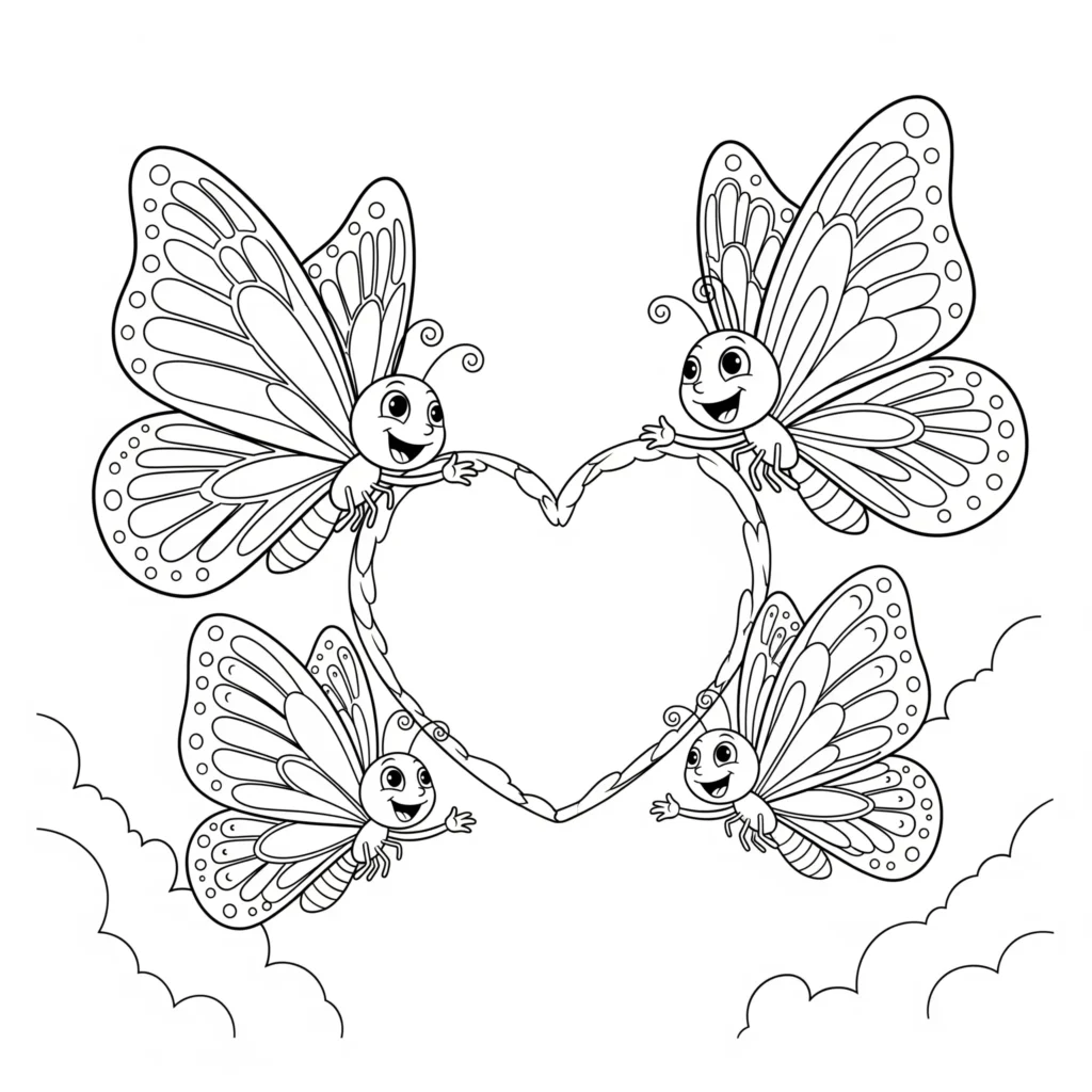 30+ Schmetterling Ausmalbilder (Gratis Malvorlage zum drucken) Eine Schmetterlingsfamilie fliegt gemeinsam durch die Luft, eine schöne Ausmalvorlage zum Ausdrucken für Kinder.