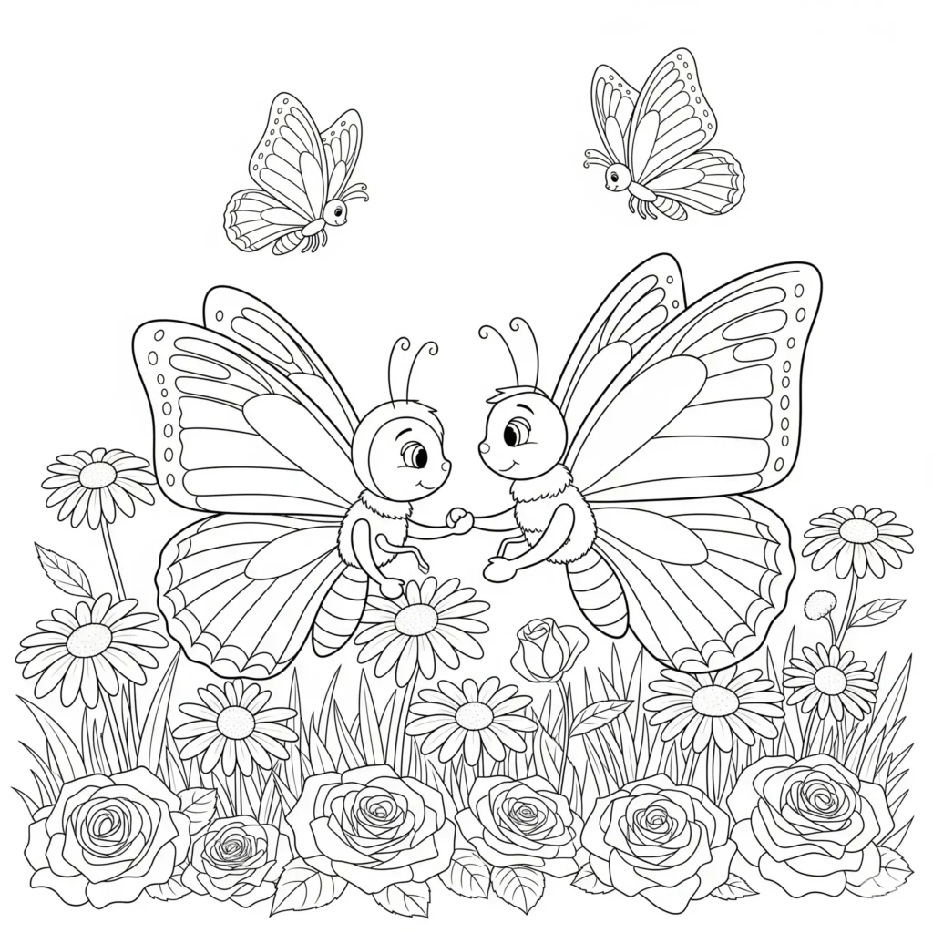 30+ Schmetterling Ausmalbilder (Gratis Malvorlage zum drucken) Eine fröhliche Schmetterlingsfamilie fliegt im bunten Garten eine liebevolle Malvorlage zum Ausdrucken und Ausmalen.