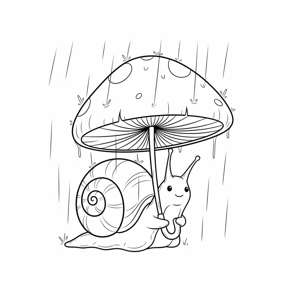 Ausmalbild mit einer Schnecke, die einen Pilz wie einen Regenschirm trägt. Diese kreative schnecke ausmalbild vorlage ist ideal für Kinder zum Ausdrucken.