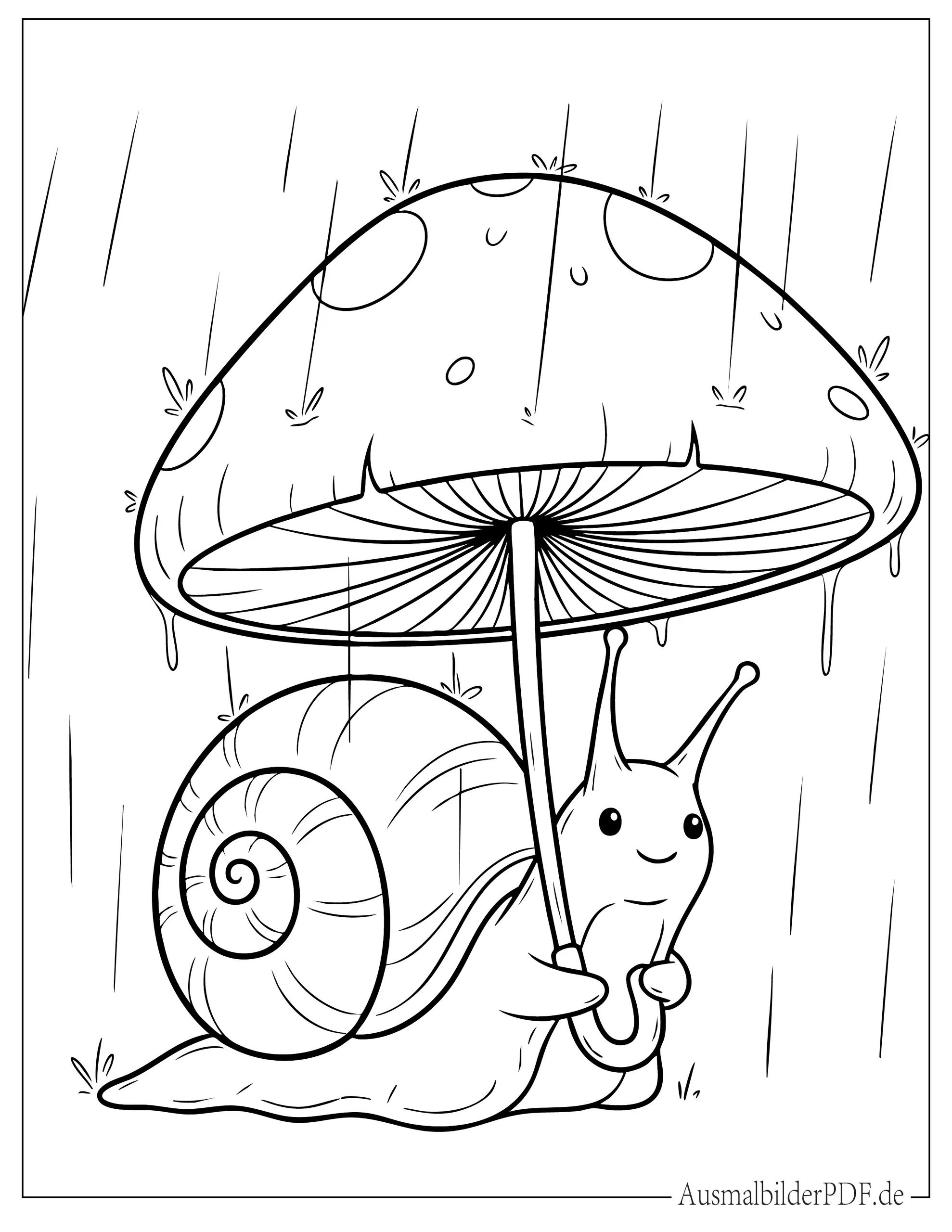 Ausmalbild von Schnecke trägt einen Pilz Regenschirm im Regen