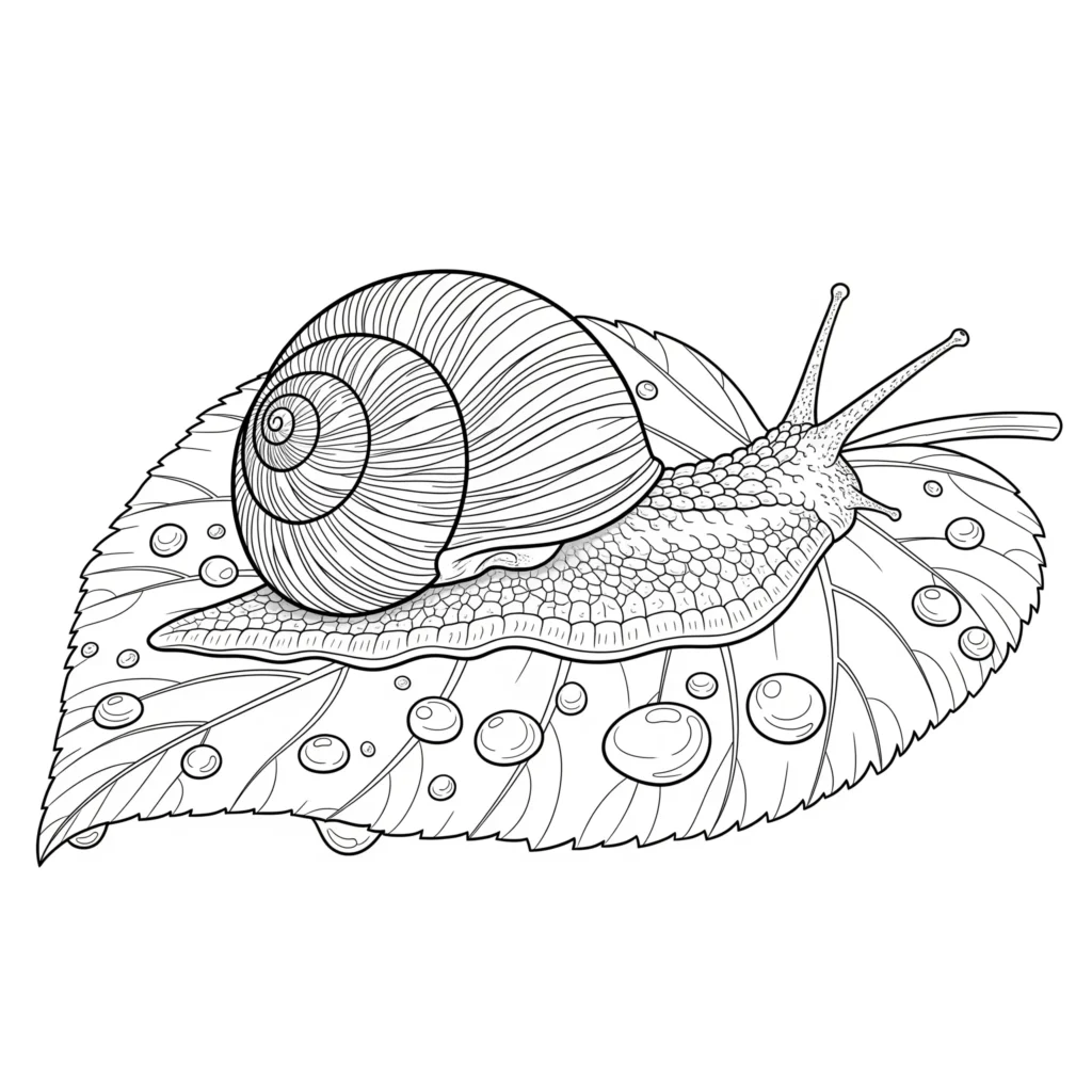 Ausmalbild mit einer Schnecke, die auf einem großen Blatt sitzt, das noch vom Regen nass ist. Diese schnecke ausmalbilder zum ausdrucken