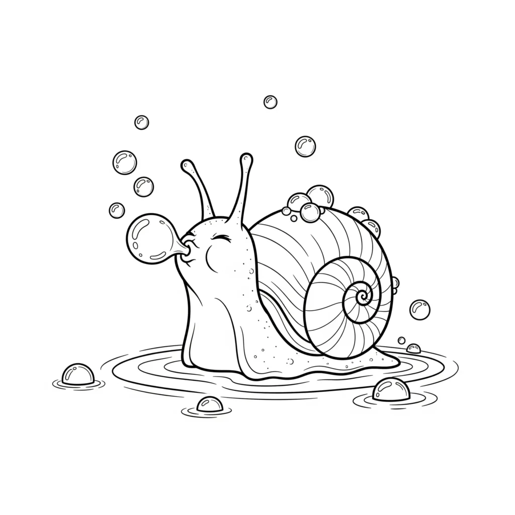 Ausmalbild mit einer fröhlichen Schnecke, die Seifenblasen in die Luft pustet. Diese schnecke ausmalbilder für kinder bringt Spaß und fördert die Fantasie beim Ausmalen.