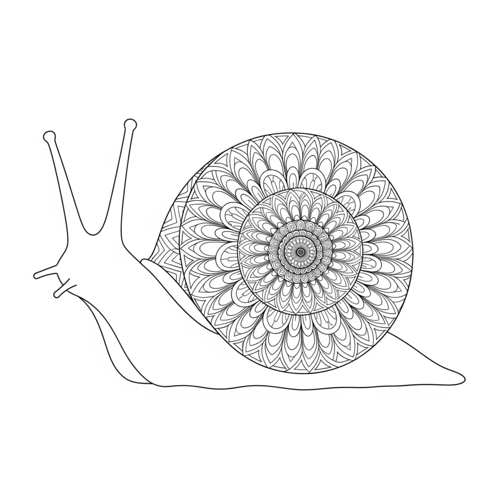 Ausmalbild einer stilisierten Schnecke mit einem spiralförmigen Schneckenhaus in Mandala-Optik. Diese schnecke ausmalbild zum ausdrucken