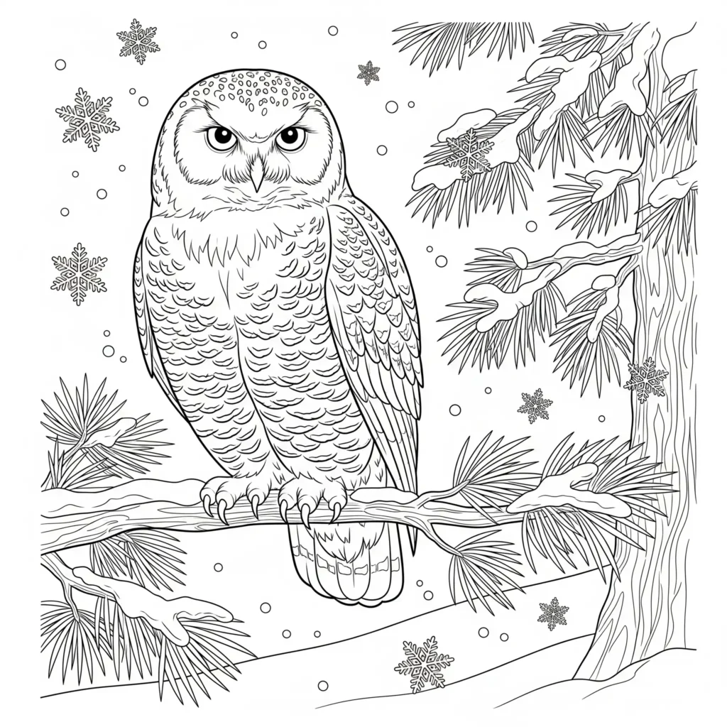 20+ Ausmalbilder Winter (Kostenlos Malvorlage zum Ausdrucken) Ausmalbild mit einer Schnee-Eule, die auf einem kahlen Ast im verschneiten Winterwald sitzt. Ideal als ruhige Malvorlage zum Ausdrucken.