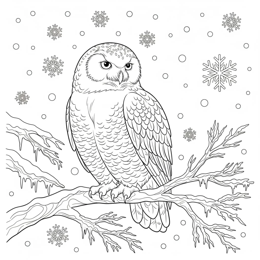 Schneeeule in einer Winterlandschaft als Ausmalbild für Kinder zum Ausdrucken im PDF-Format