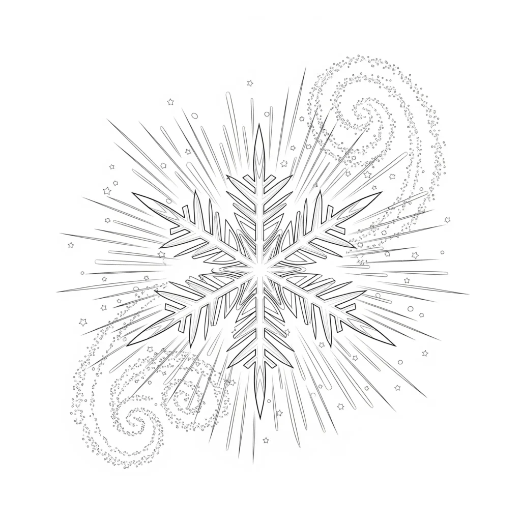 Ausmalbild mit einer Schneeflocke im Frozen-Stil – ideal für Kinder, die das Wintermärchen lieben, als kostenlose PDF-Vorlage zum Ausdrucken