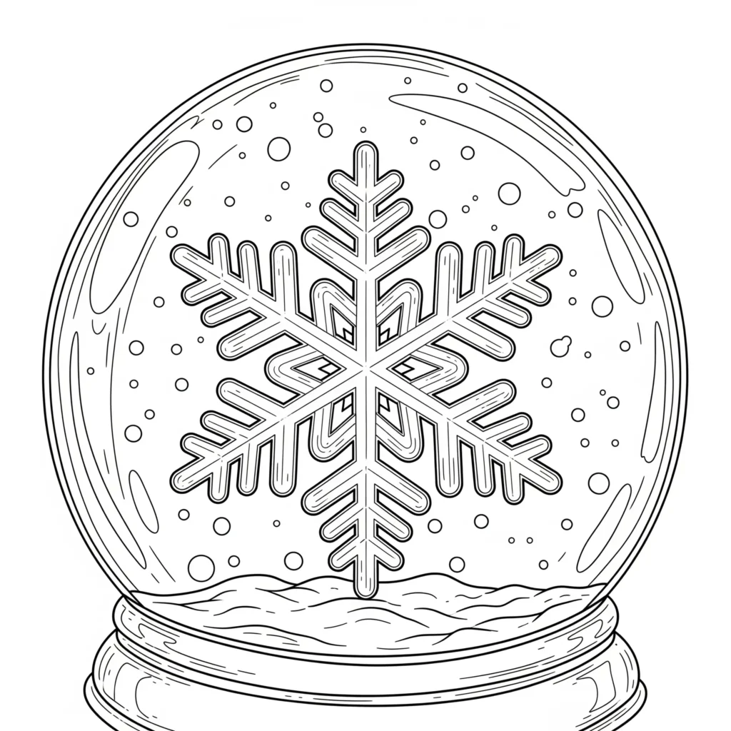 Ausmalbild einer Schneeflocke in einer Glaskugel – ein schönes Wintermotiv für Kinder, als kostenlose PDF-Druckvorlage zum Ausdrucken