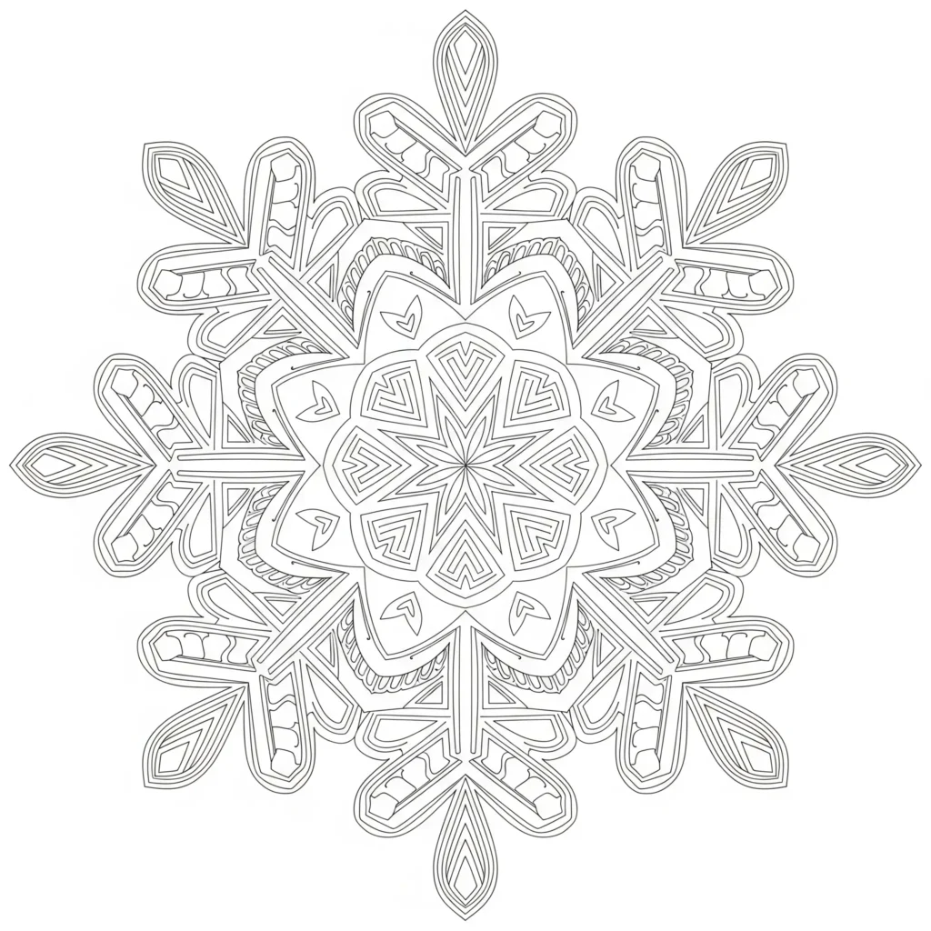 Schneeflocke Mandala Ausmalbild zum Ausdrucken – ein schönes, symmetrisches Muster für kreative Kinder zum Ausmalen