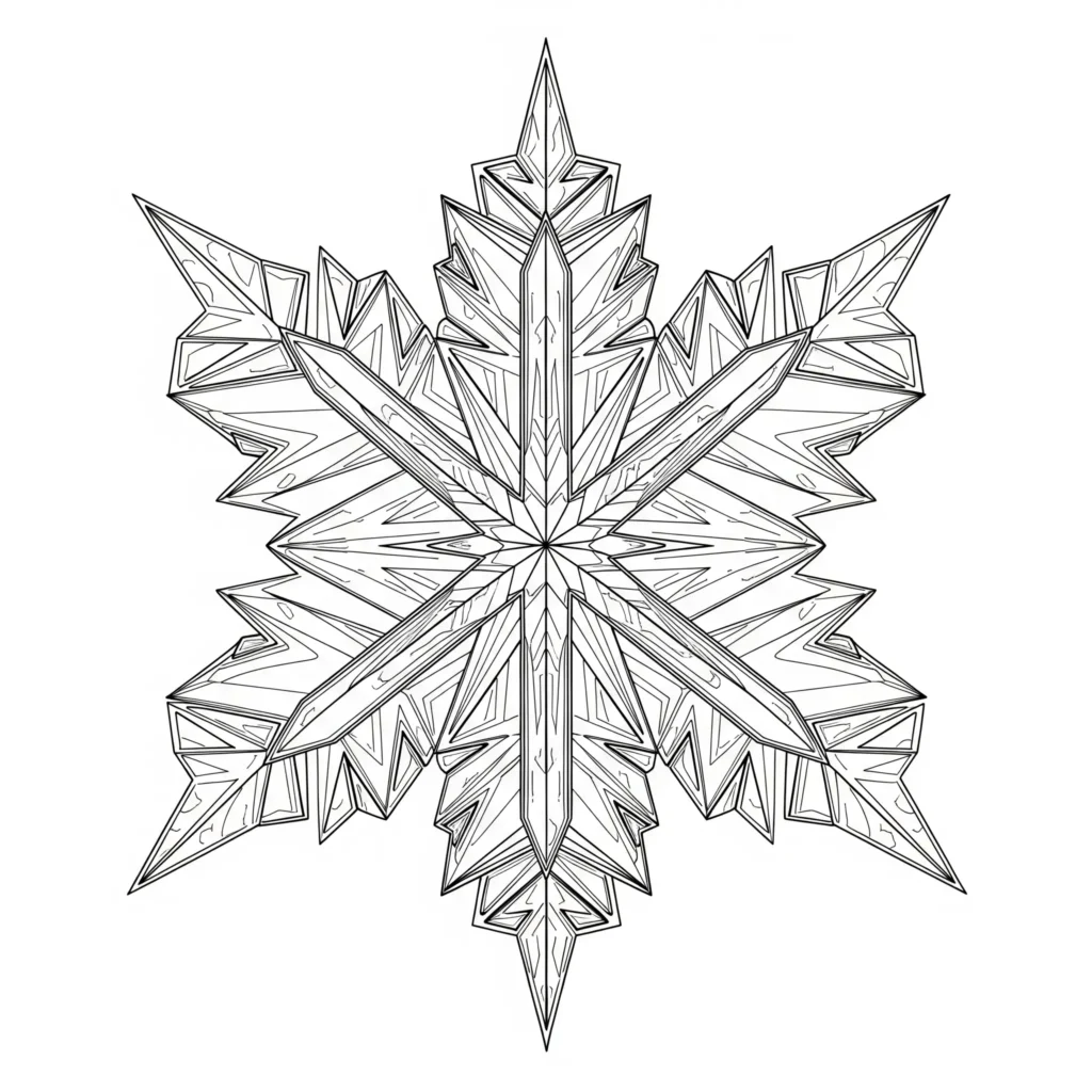 Ausmalbild einer großen Schneeflocke mit funkelnden Kristallen, ideal für Kinder, die gerne detaillierte Wintermotive ausmalen, als kostenlose PDF zum Drucken