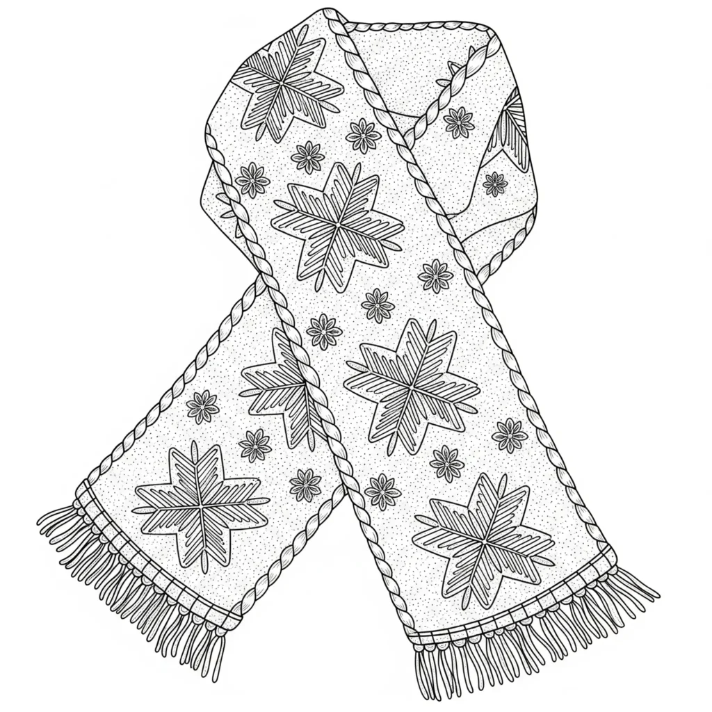 Ausmalbild mit Schneeflockenmuster auf einem Schal – ideales Wintermotiv für Kinder, als kostenlose PDF-Druckvorlage zum Ausdrucken