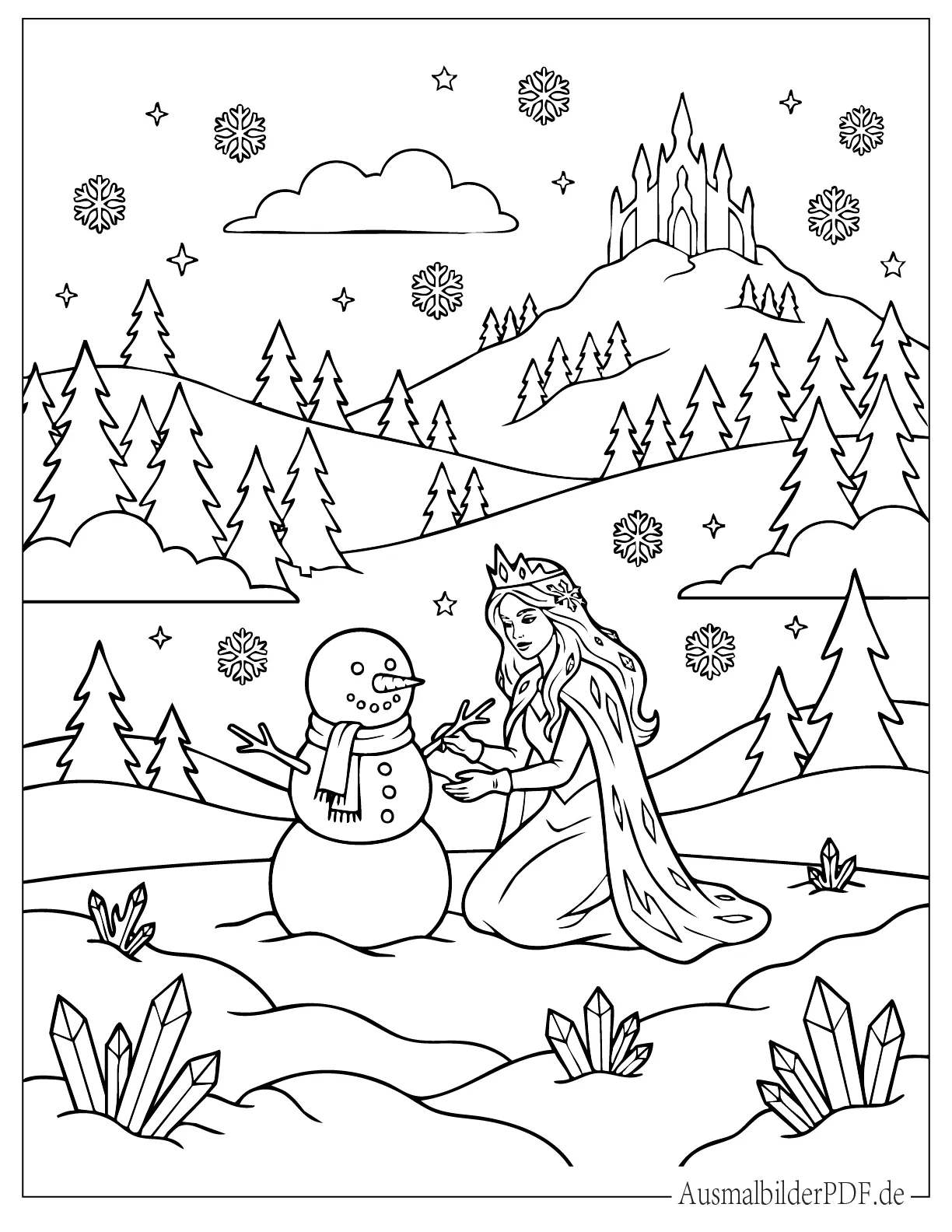 Schneekönigin Ausmalbilder (Gratis Malvorlagen zum Download) Schneekönigin baut Schneemann Ausdruckbare Malvorlage