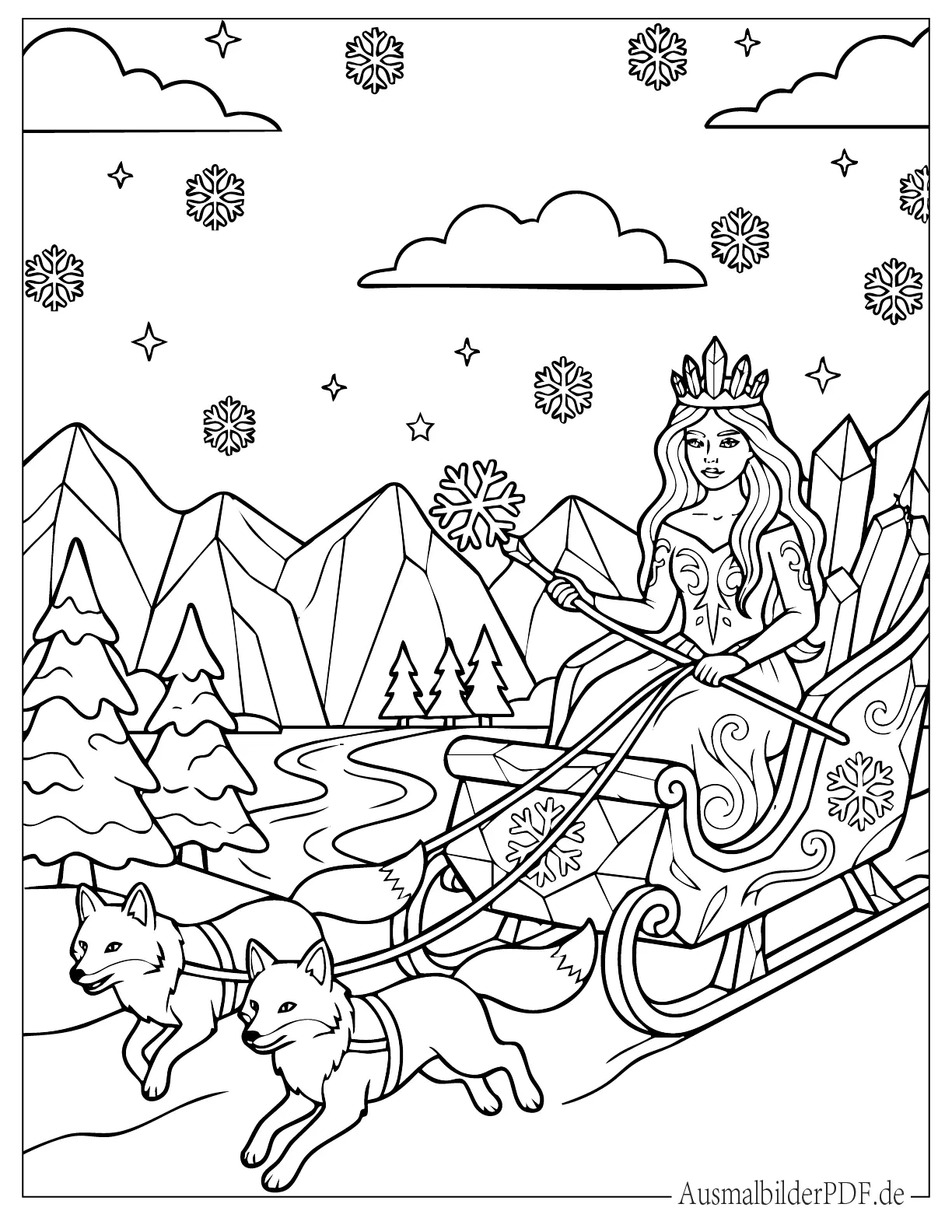 Schneekönigin Ausmalbilder (Gratis Malvorlagen zum Download) Schneekönigin fährt Eisschlitten zum Ausmalen