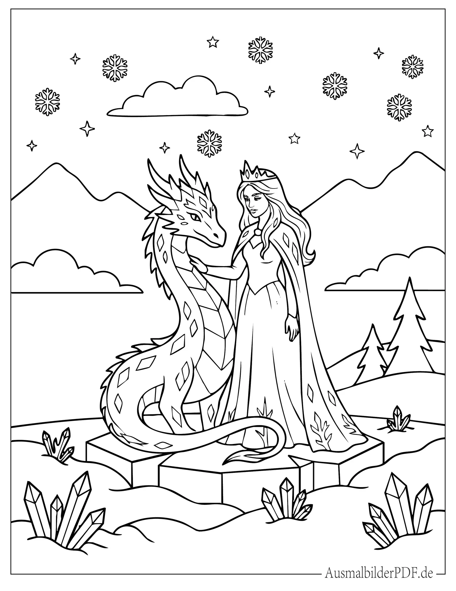 Schneekönigin Ausmalbilder (Gratis Malvorlagen zum Download) Schöne Schneekönigin mit Eisdrache Ausmalbild zum Ausdrucken