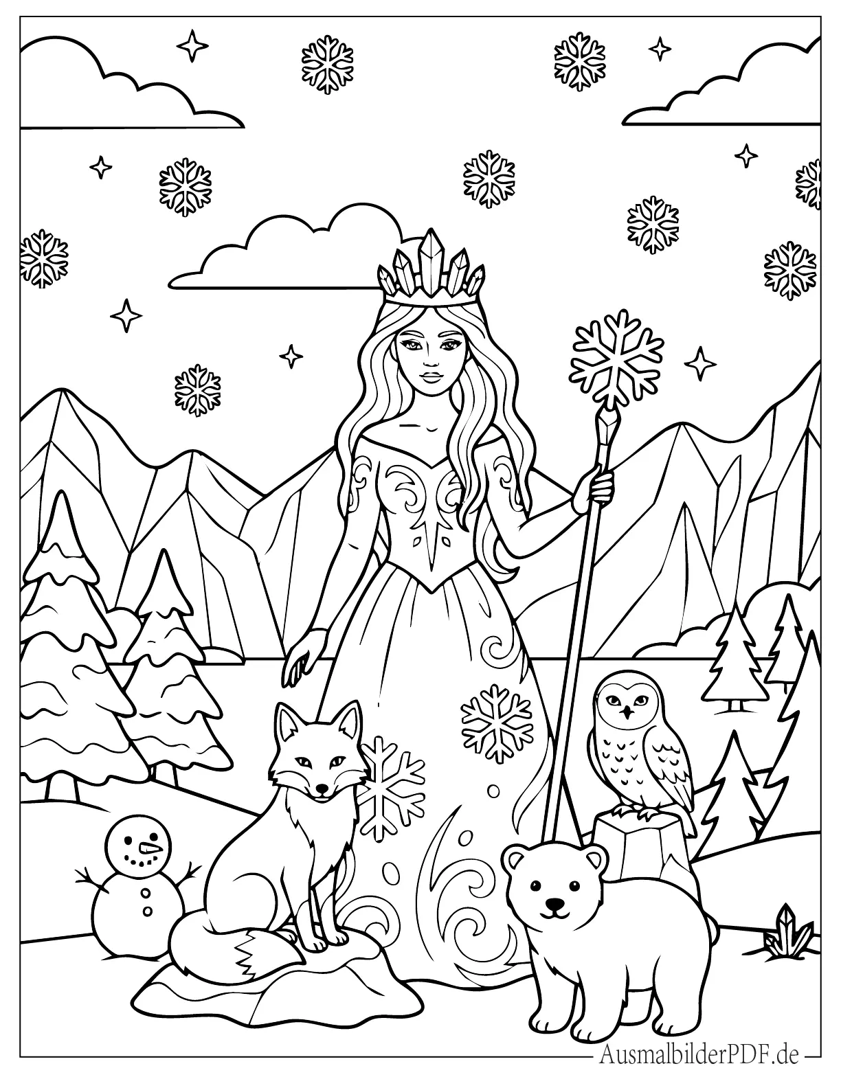 Schneekönigin Ausmalbilder (Gratis Malvorlagen zum Download) Schneekönigin mit Wintertieren (Fuchs, Eule, Bär) Malvorlage
