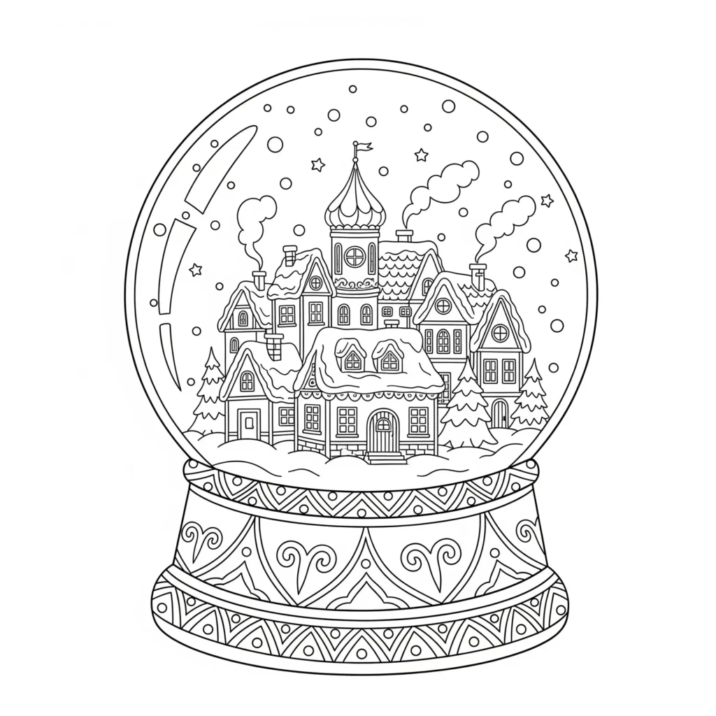 20+ Ausmalbilder Winter (Kostenlos Malvorlage zum Ausdrucken) Ausmalbild zeigt eine Schneekugel mit einem winzigen Dorf, schneebedeckten Häusern und Tannen