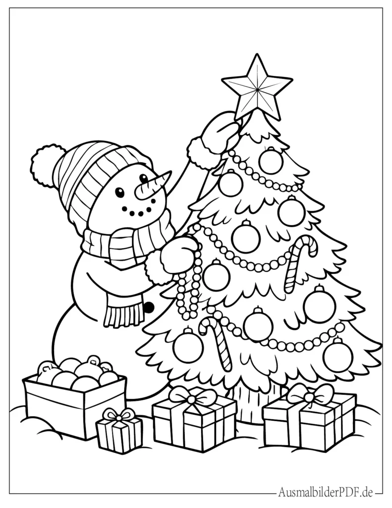 Schneemann Weihnachten Ausmalbilder (Gratis zum drucken) Fröhlicher Schneemann dekoriert einen Weihnachtsbaum, Ausmalbild für Kinder zum Drucken und Ausmalen