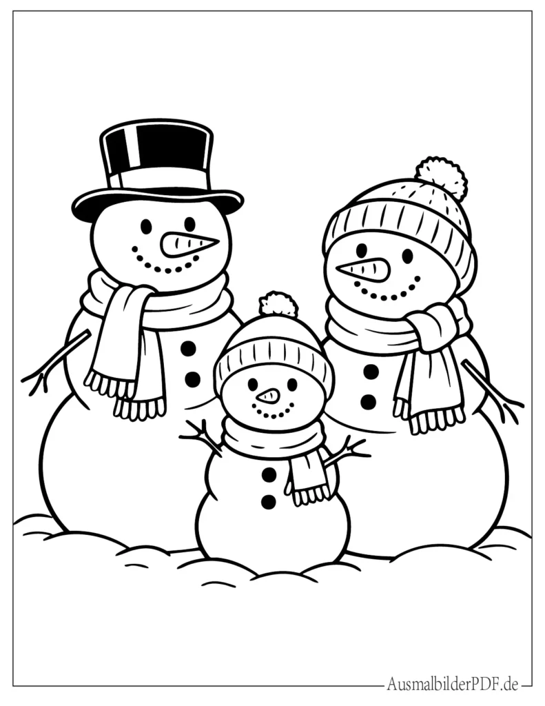 Schneemann Weihnachten Ausmalbilder (Gratis zum drucken) Zwei große Schneemänner mit kleinem Schneemann, Ausmalbild für Kinder perfekt zum Drucken und Ausmalen