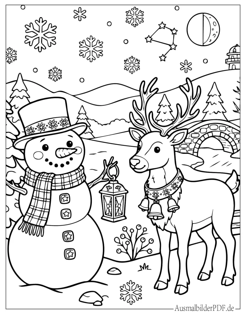 Schneemann Weihnachten Ausmalbilder (Gratis zum drucken) Fröhlicher Schneemann neben einem Rentier, Kinder Ausmalbild perfekt zum Drucken und Ausmalen