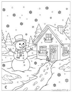 Schneemann vor dem Haus Ausmalbild