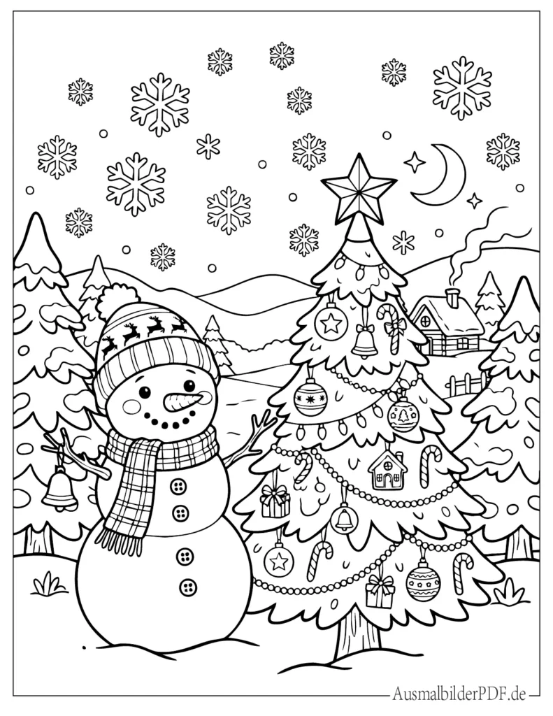 Schneemann Weihnachten Ausmalbilder (Gratis zum drucken) Schneemann steht neben festlich geschmücktem Weihnachtsbaum, Ausmalbild für Kinder zum Ausdrucken