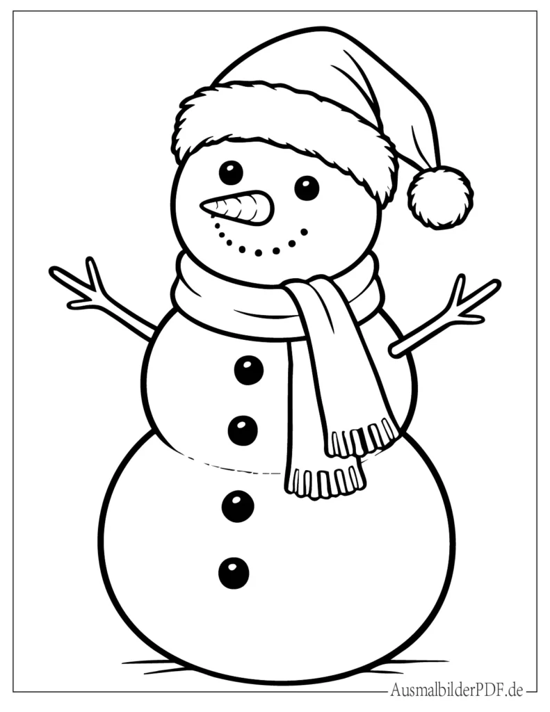 Schneemann Weihnachten Ausmalbilder (Gratis zum drucken) Niedlicher Schneemann trägt eine rote Weihnachtsmütze, Ausmalbild für Kinder zum Ausdrucken und Ausmalen