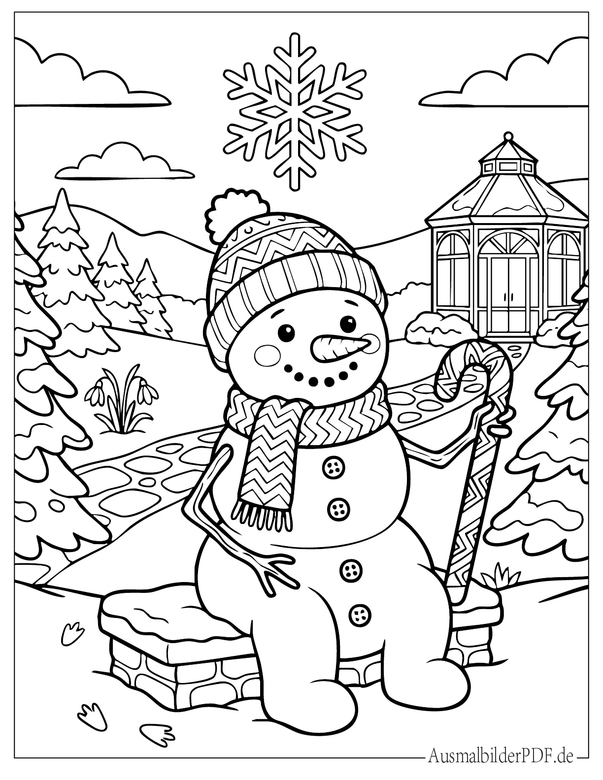 Schneemann mit Zuckerstange sitzt im verschneiten Dorf Ausmalbild