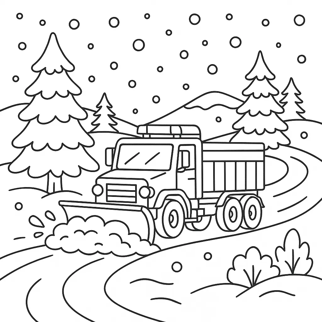 20+ Ausmalbilder Winter (Kostenlos Malvorlage zum Ausdrucken) Ausmalbild mit einem großen Schneepflug, der eine schneebedeckte Straße frei macht. Im Hintergrund liegt winterliche Landschaft, ideal als Vorlage für Kinder.
