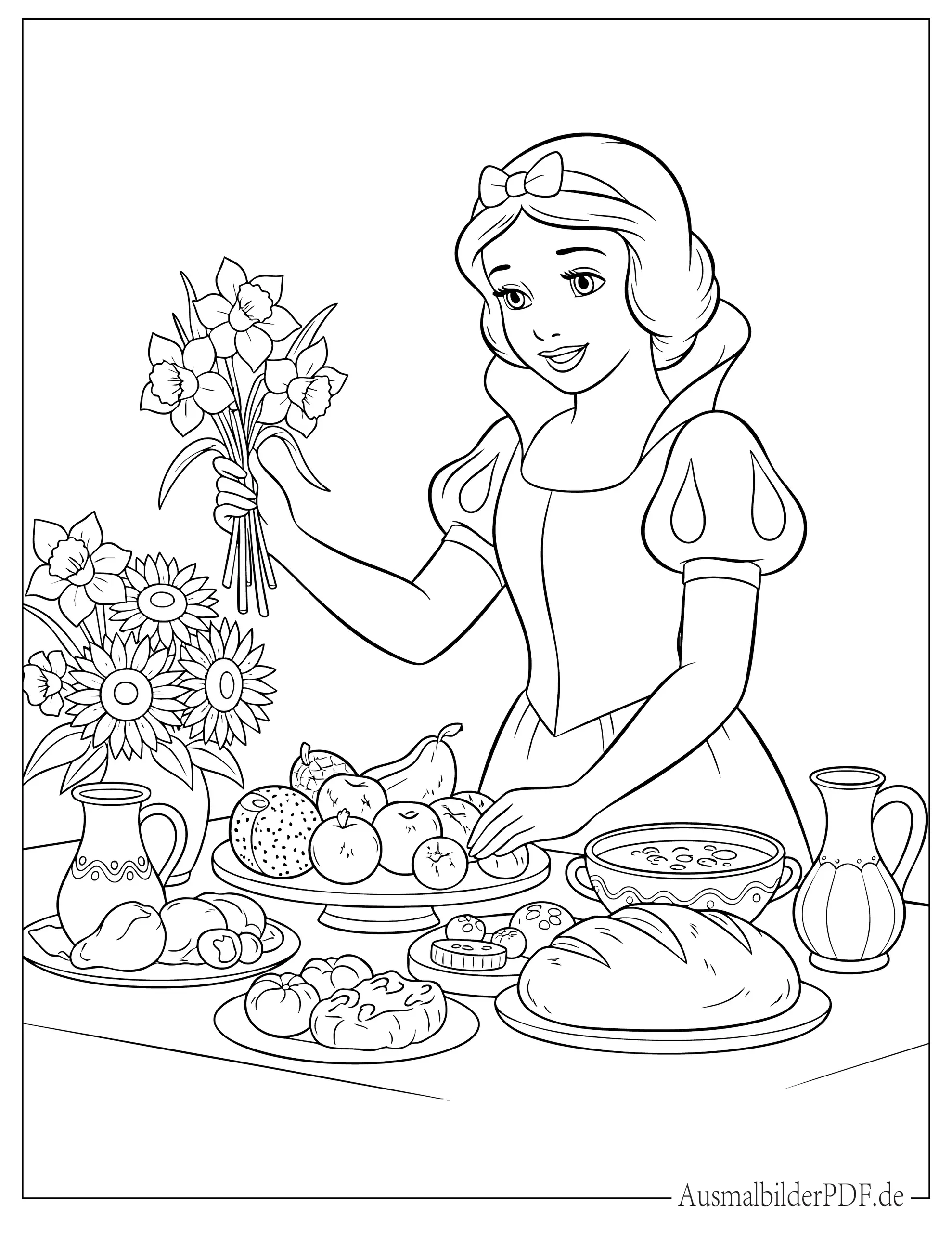 10+ Schneewittchen Ausmalbilder (Gratis Malvorlagen drucken) Schneewittchen am Tisch der Zwerge mit Blumen und Essen Ausmalbild