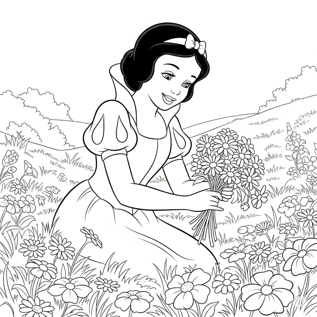 16 Schneewittchen Ausmalbilder (Gratis Malvorlage Ausdrucken) Schneewittchen pflückt fröhlich Blumen auf einer bunten Wiese, ideal zum Ausmalen für Kinder