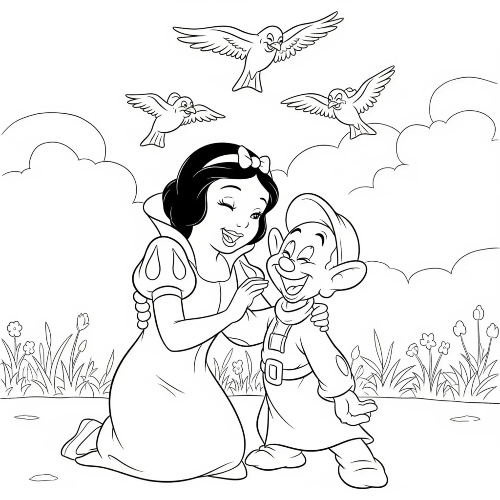 16 Schneewittchen Ausmalbilder (Gratis Malvorlage Ausdrucken) Schneewittchen steht fröhlich neben dem Zwerg Dopey, ein liebevolles Motiv zum Ausmalen für Kinder.