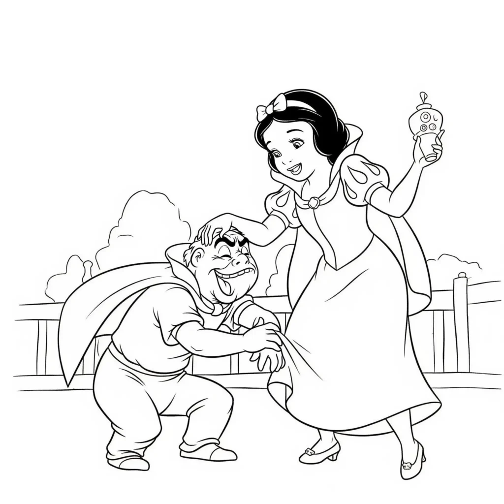 16 Schneewittchen Ausmalbilder (Gratis Malvorlage Ausdrucken) Schneewittchen steht neben dem mürrischen Zwerg Grumpy, ein freundliches Motiv zum Ausmalen für Kinder.