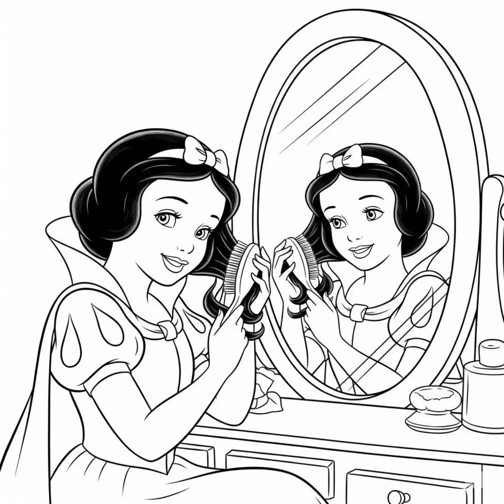16 Schneewittchen Ausmalbilder (Gratis Malvorlage Ausdrucken) Schneewittchen kämmt ihr langes Haar vor dem Spiegel, ein schönes Motiv zum Ausmalen für Kinder.