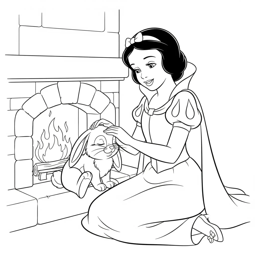 16 Schneewittchen Ausmalbilder (Gratis Malvorlage Ausdrucken) Schneewittchen sitzt im Häuschen der Zwerge mit einem kleinen Hasen auf dem Schoß, perfekt zum Ausmalen für Kinder.