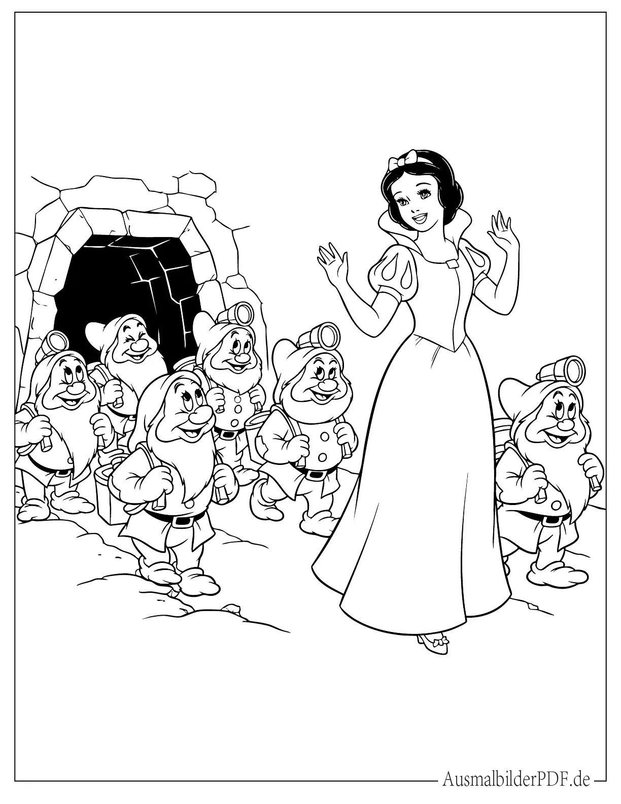10+ Schneewittchen Ausmalbilder (Gratis Malvorlagen drucken) Niedliche Prinzessin Schneewittchen mit Zwergen Ausmalvorlage