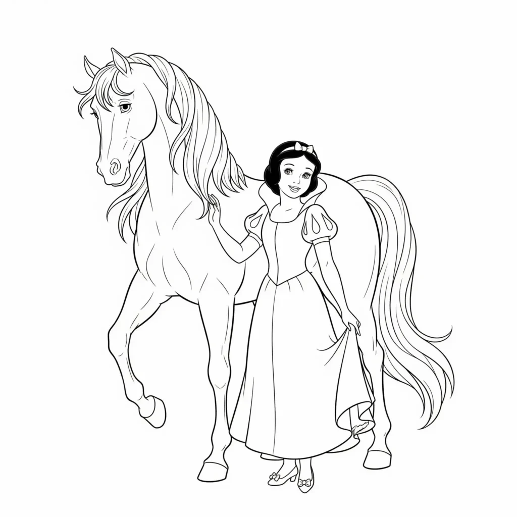 16 Schneewittchen Ausmalbilder (Gratis Malvorlage Ausdrucken) Schneewittchen streichelt ein edles Pferd im Schlossgarten, ein schönes Motiv zum Ausmalen für Kinder.