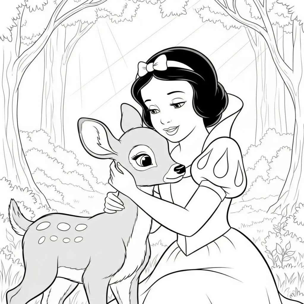 16 Schneewittchen Ausmalbilder (Gratis Malvorlage Ausdrucken) Schneewittchen kniet im Wald und umarmt ein kleines Reh, ein süßes Motiv zum Ausmalen für Kinder.