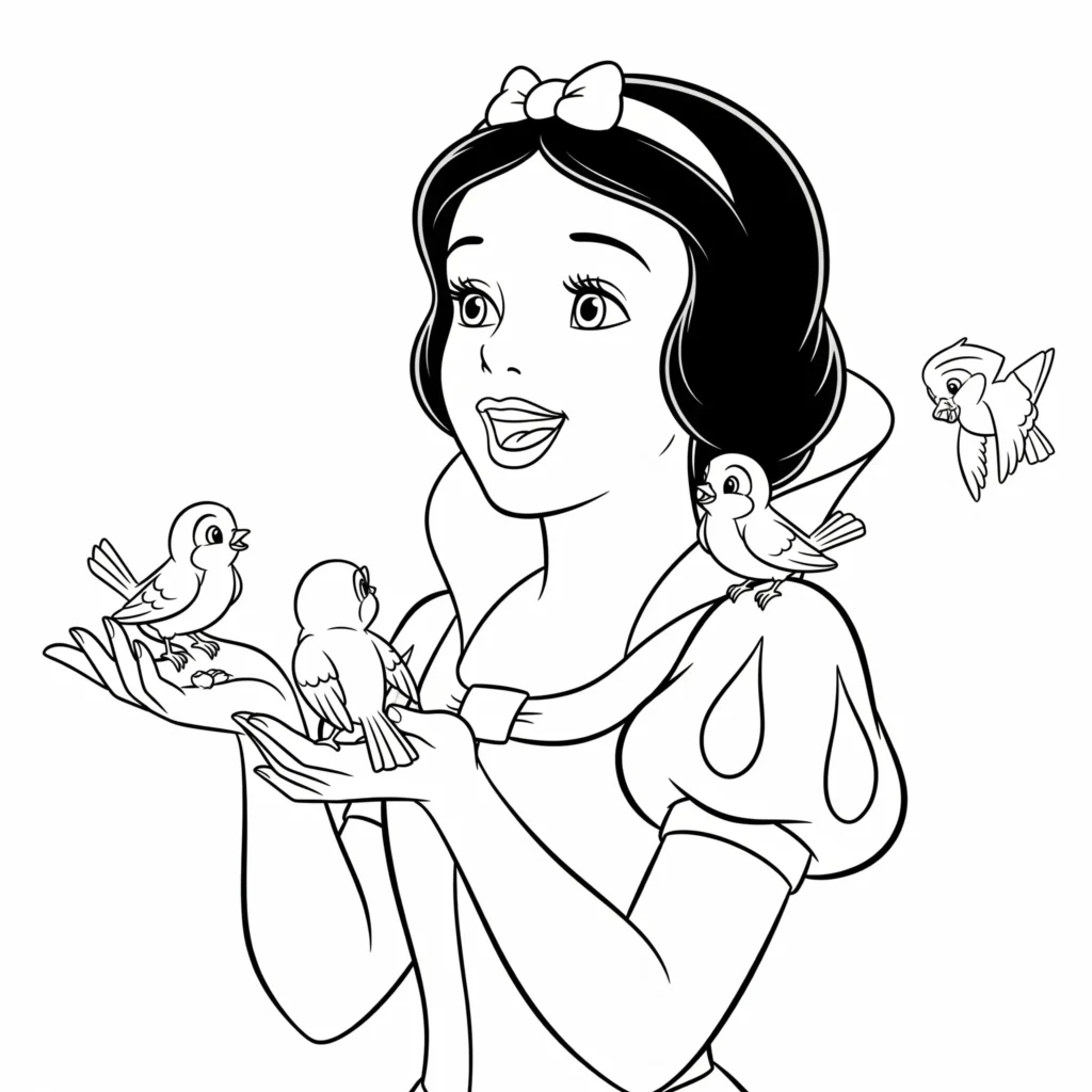 16 Schneewittchen Ausmalbilder (Gratis Malvorlage Ausdrucken) Disney Schneewittchen steht fröhlich im Schlossgarten, trägt ihr blau-gelbes Kleid und winkt freundlich, perfekt zum Ausmalen.