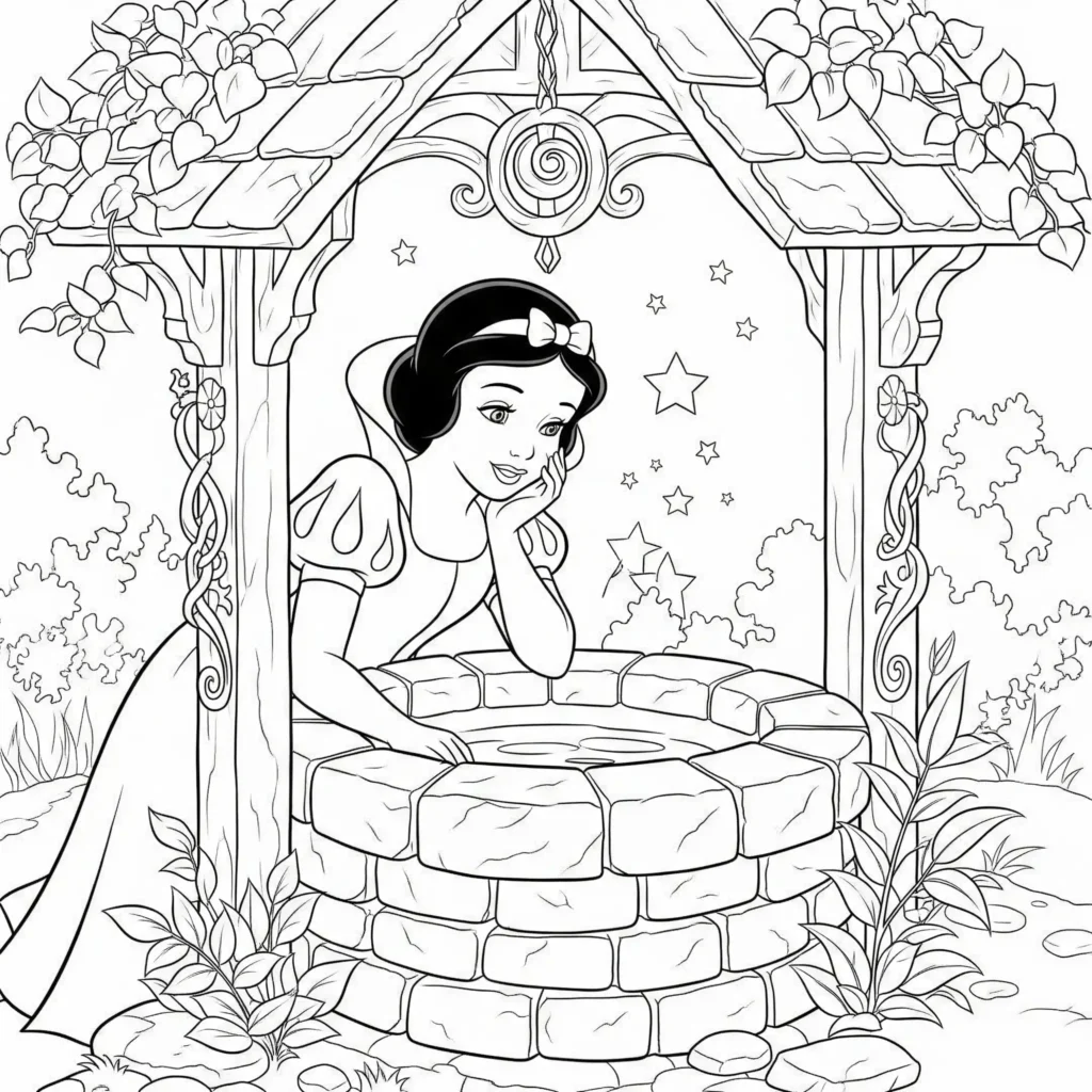 16 Schneewittchen Ausmalbilder (Gratis Malvorlage Ausdrucken) Schneewittchen schaut in den Wunschbrunnen und lächelt, ein fröhliches Motiv zum Ausmalen für Kinder.